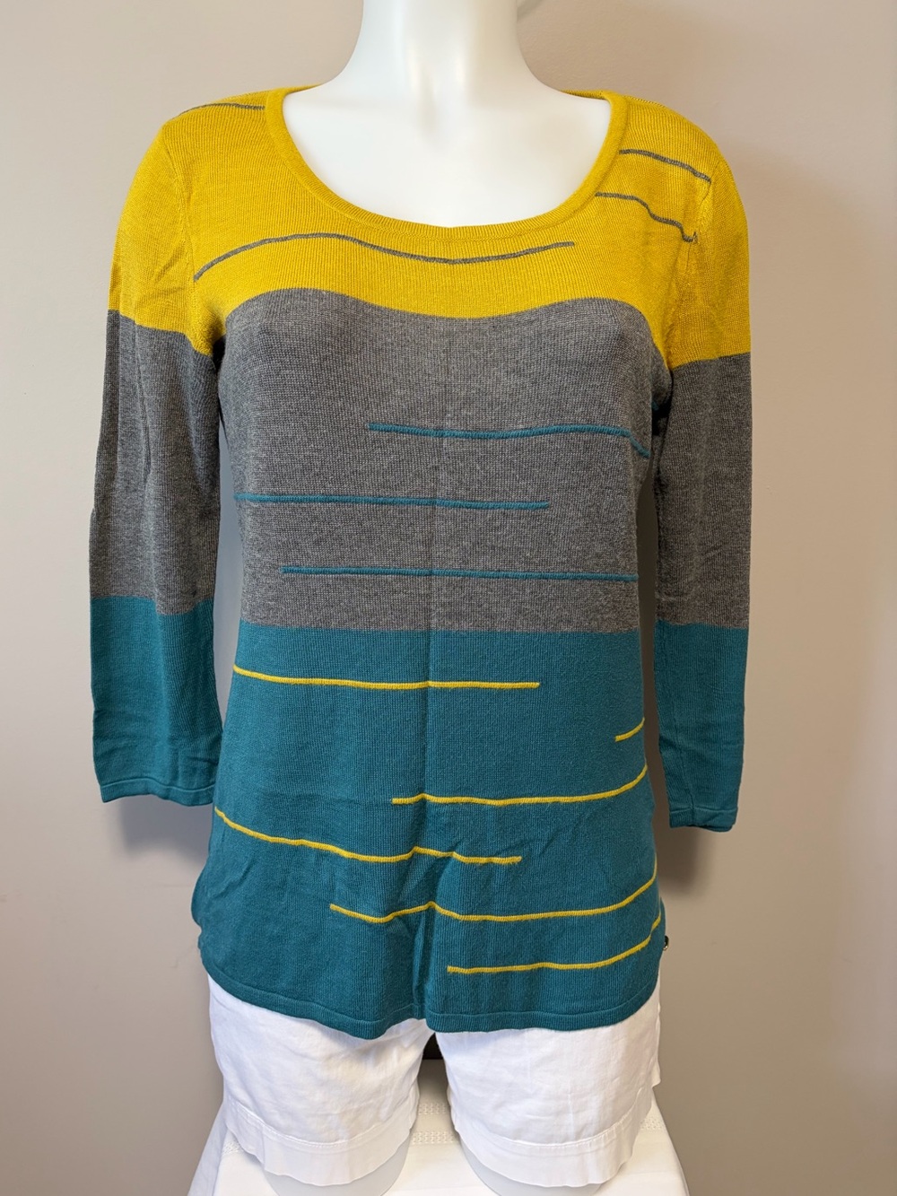 Point Zero Scoop Neck Striped Knit Top - Mustard, Gray & Teal